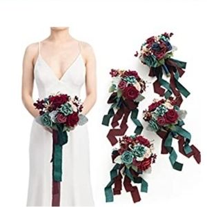 Lings Moment Teal Marsala 7" bridal bridesmaids rose bouquets set of 3 brand new